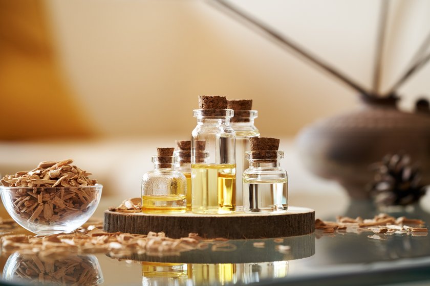 Cedar wood essential oil for sleep on a table