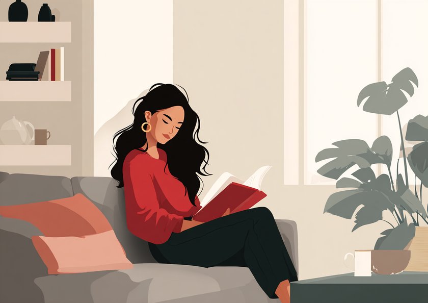 Frau liest einen Roman über Achtsamkeit